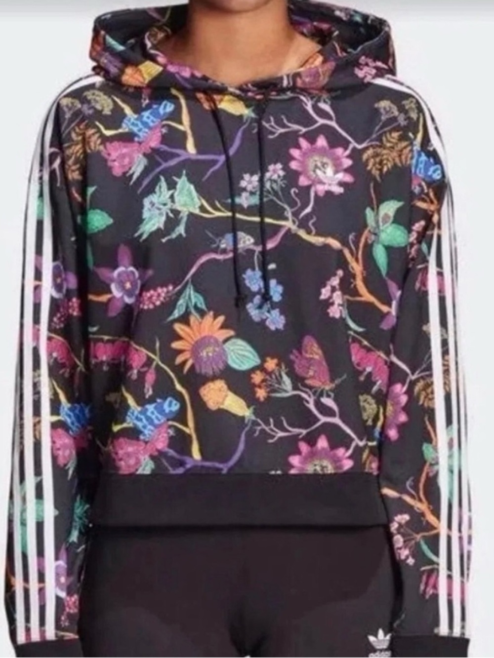 Adidas Poisonous Garden Floral Cropped Hoodie Sweatshirt Three Stripes Women (L)